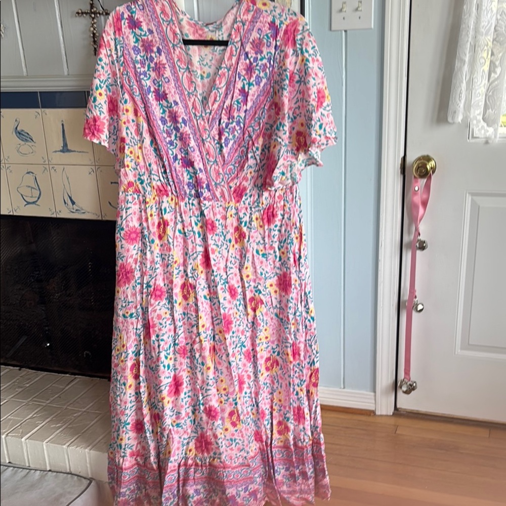 SHEIN Pink Flutter Sleeve V-Neck dress